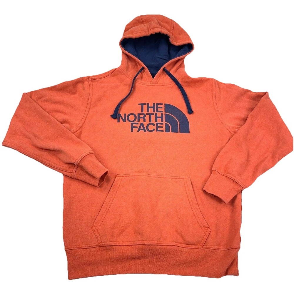 North Face Hoodie Men Small Orange Blue Sweatshirt Sweater Spell Out Outdoor A67
